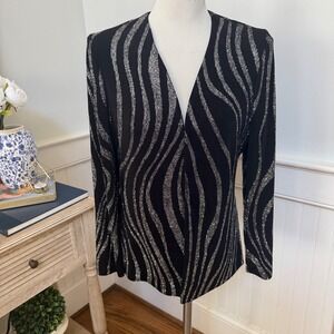 Vintage Lillie Rubin Silver Glitter Zebra Stripe Open Front Cardigan Jacket S